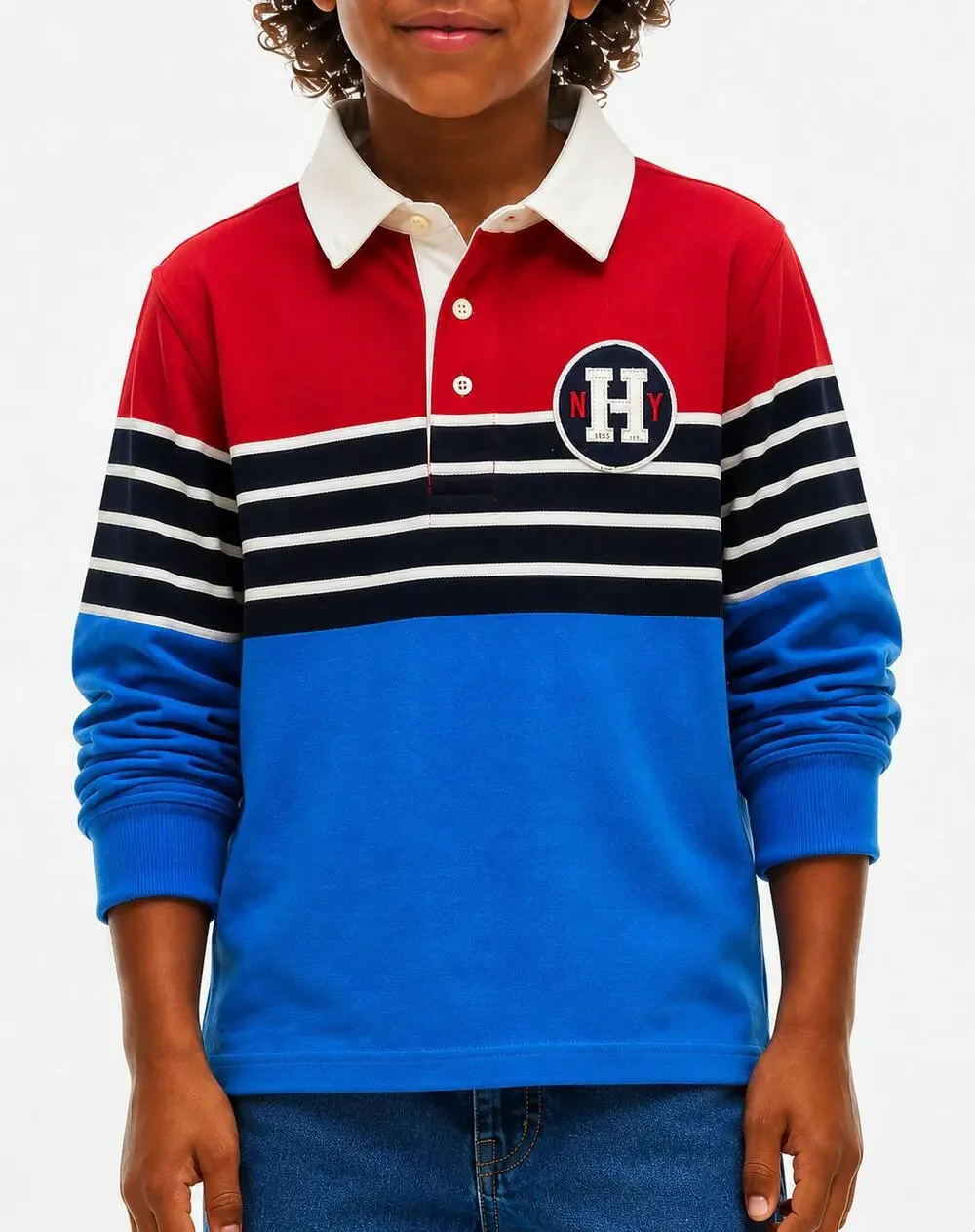 NWT  Tommy Hilfiger Boys L 12-14 Box-Kick Rugby Polo Colorblock Red  Blue2015